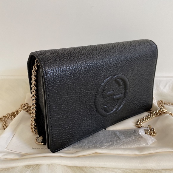 GUCCI 598211 Pebbled Calfskin Soho Wallet on Chain Crossbody Black - Picture 7 of 11